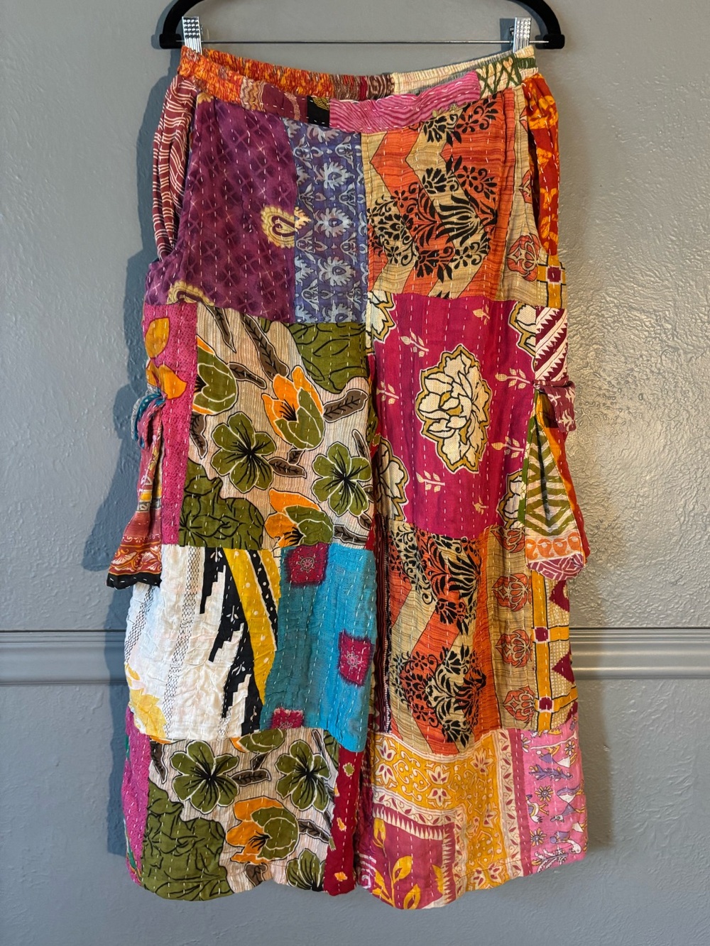 Earthbound Patchwork Quilted Cargo Pants Wide Leg Cropped Size L